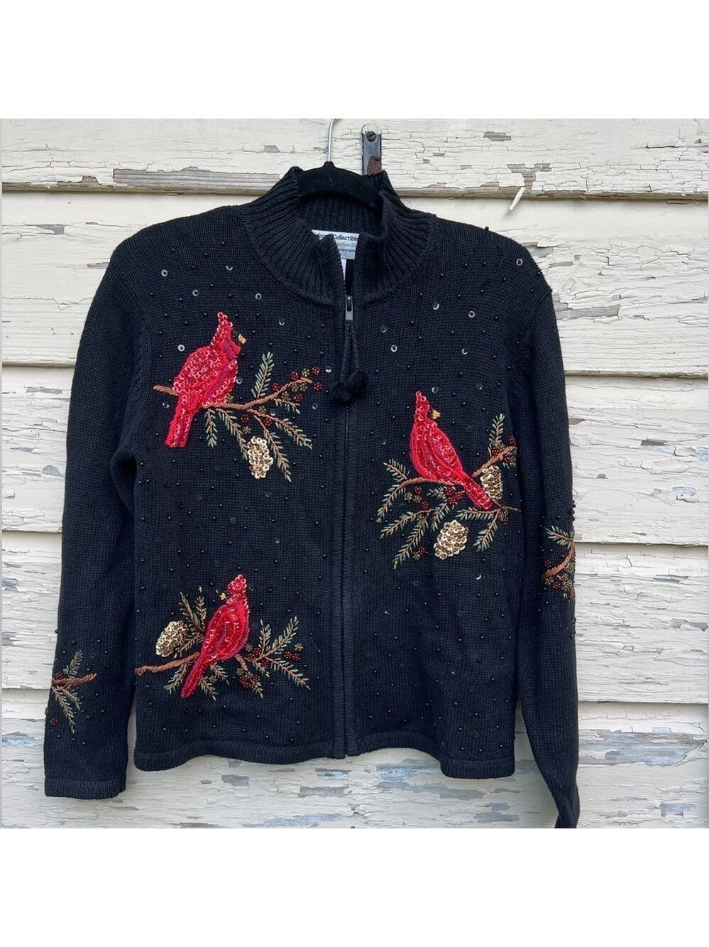 Vintage Heirloom Collectibles Y2K Christmas Red Birds Beaded Cardigan Sweater PS